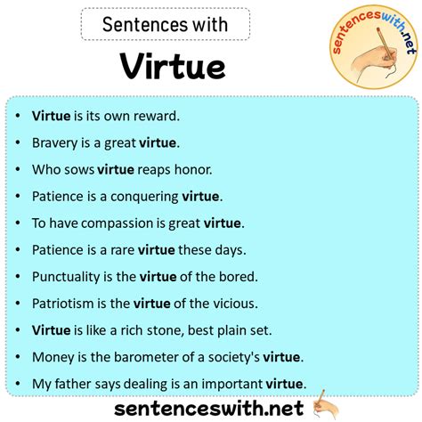 a good moral quality in a person, or the general quality of being morally good: 2. . Virtuous in sentence
